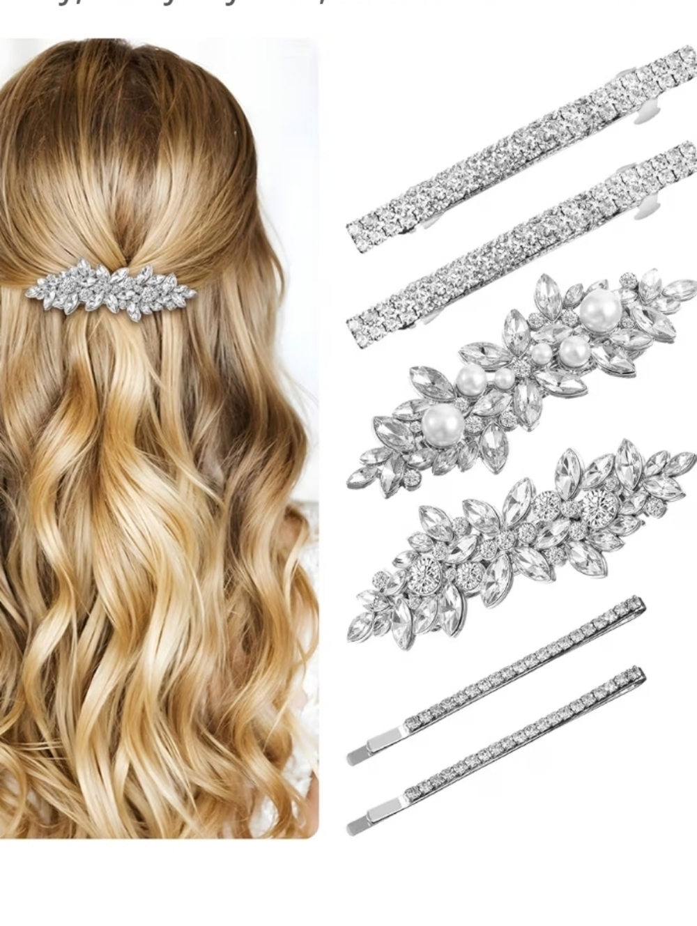 Rhinestone & Pearl Hair Clip Set - Silver Sparkle